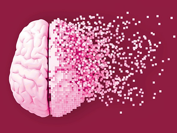 graphic of a brain with half of it being dispersed into pixels